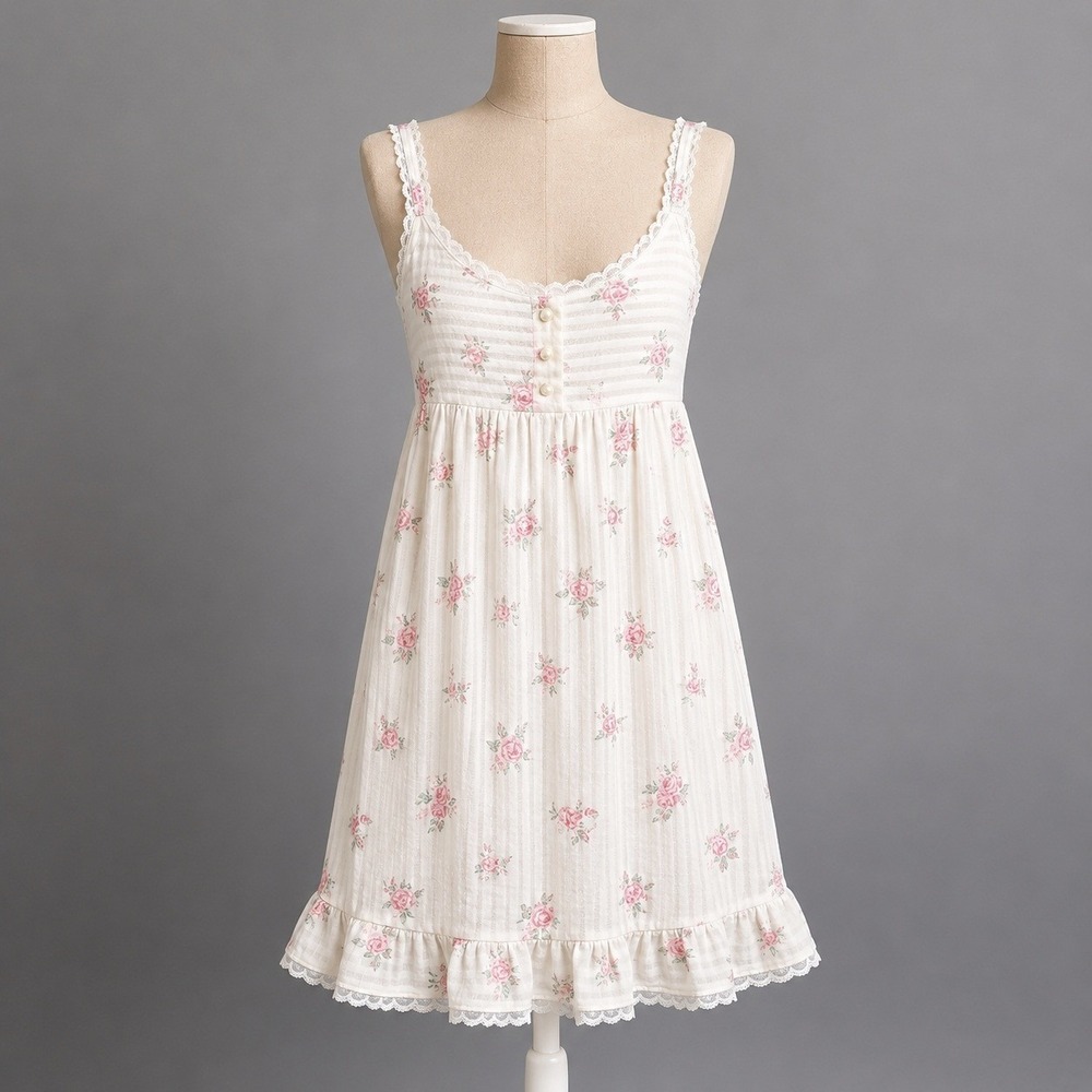 Vintage 90s Floral Fairy Henley Dress Size M Pink Cottagecore Coquette Romantic